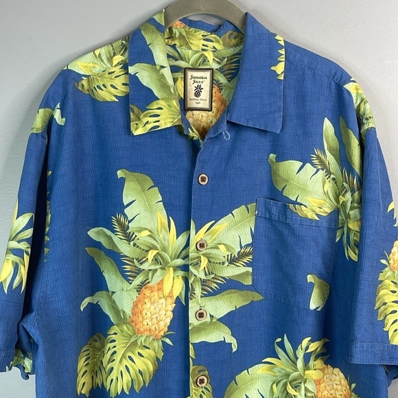 JAMAICA JAXX Men’s Silk Camp Collar Hawaiian Fern Pineapple Print Shirt Blue L - Picture 3 of 12